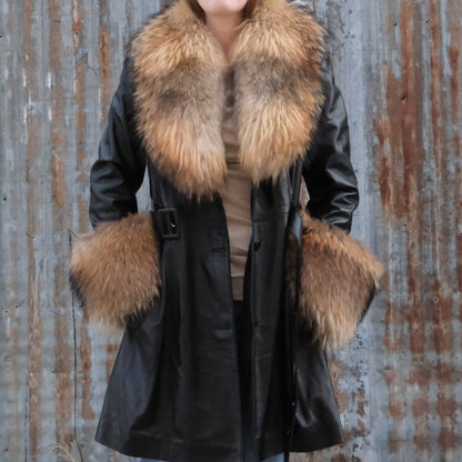 Black leather fox fur stroller with plush fur and leather trim