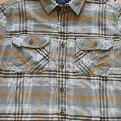 View of Plaid button-up shirt in tan, brown and grey by Pendleton Burnside style