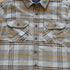 View of Plaid button-up shirt in tan, brown and grey by Pendleton Burnside style