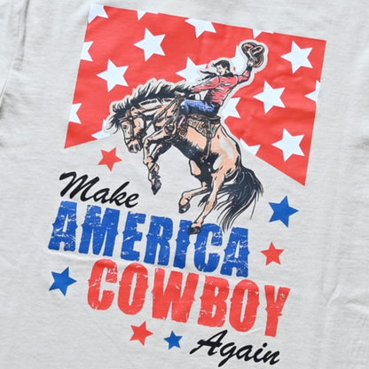 View of Sand unisex T‑shirt with “Make America Cowboy Again” graphic from 310 Ranch Life