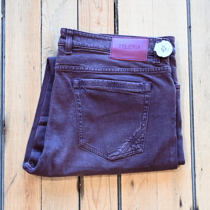 Teleria Zed 5 Pocket Jeans in Mosto soft Italian burgundy denim with modern five-pocket design