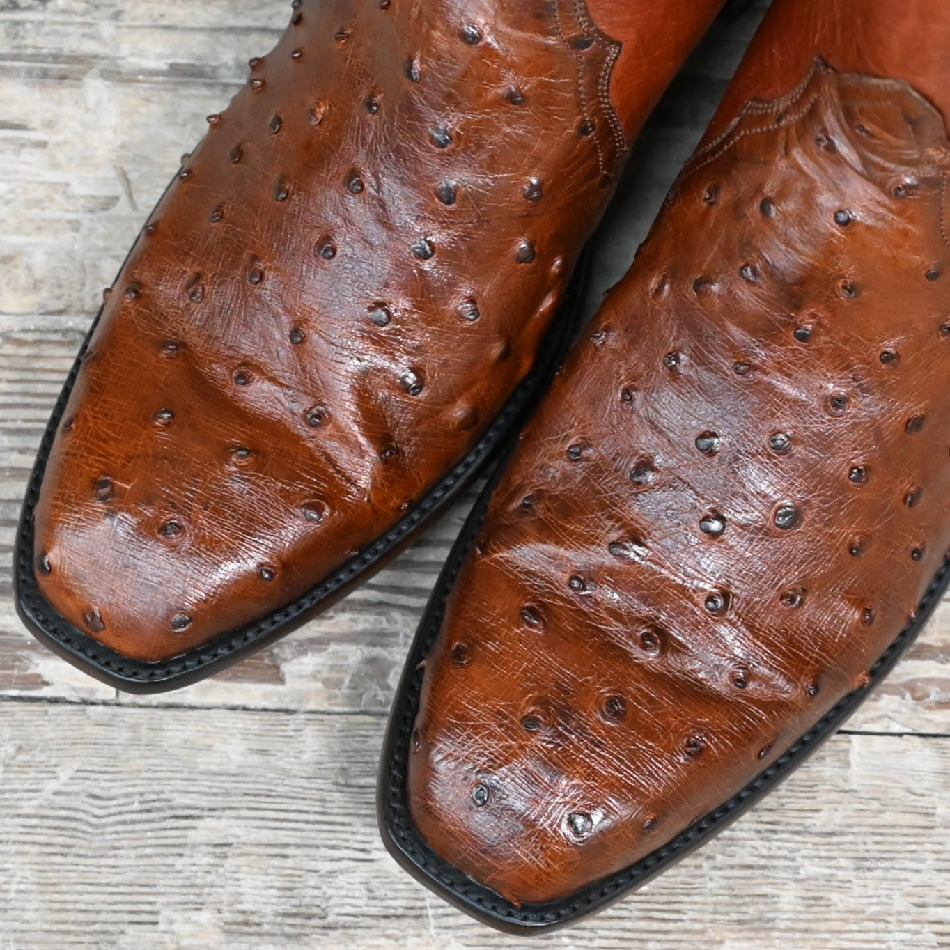 View of Stallion Men’s Zorro zip boot with antique saddle ostrich vamp and medium square French toe
