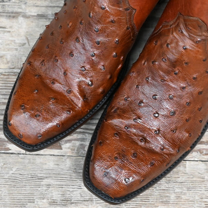 View of Stallion Men’s Zorro zip boot with antique saddle ostrich vamp and medium square French toe