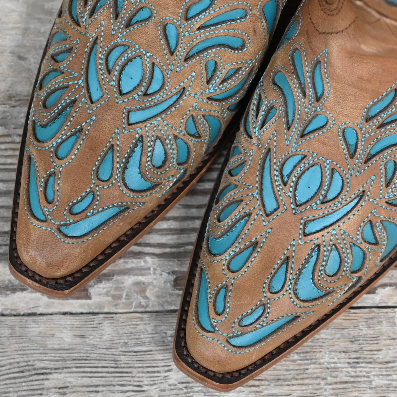 View of Hondo 13&quot; cowboy boot in brown goat with turquoise inlays and tight snip toe