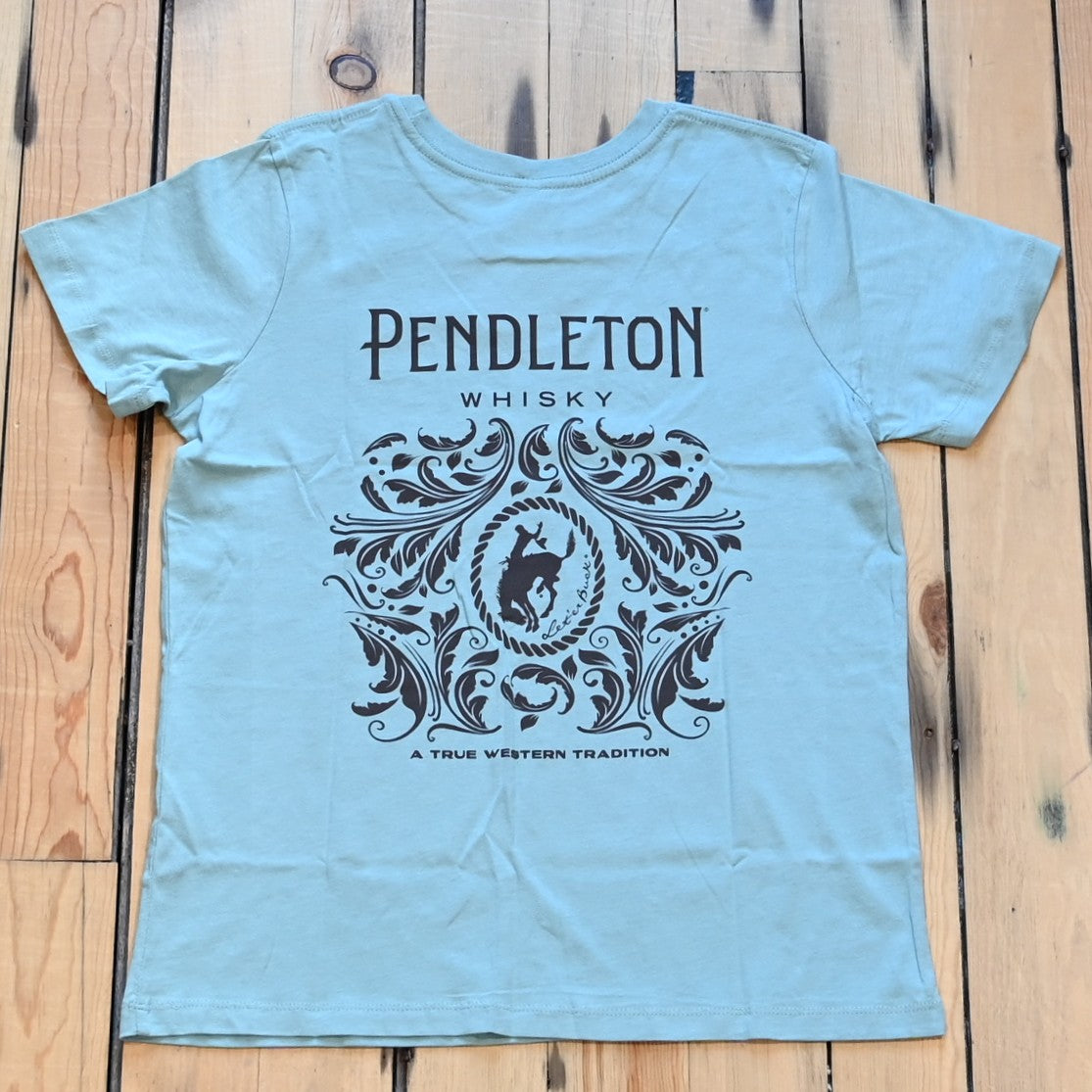 Seafoam Pendleton Whisky Graphic Tee with bold Western graphics, relaxed fit, and logo on front and back