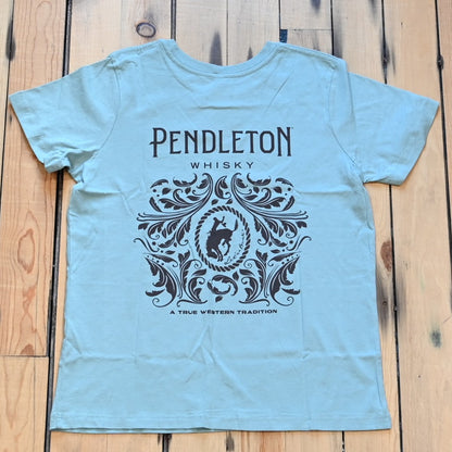 Seafoam Pendleton Whisky Graphic Tee with bold Western graphics, relaxed fit, and logo on front and back