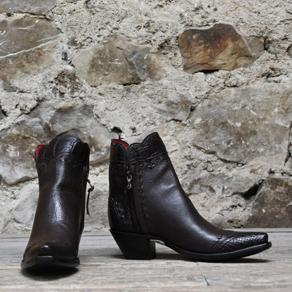 View of Stallion Ladies Zorro zip boot in chocolate calf with alligator wingtip and buckstitching