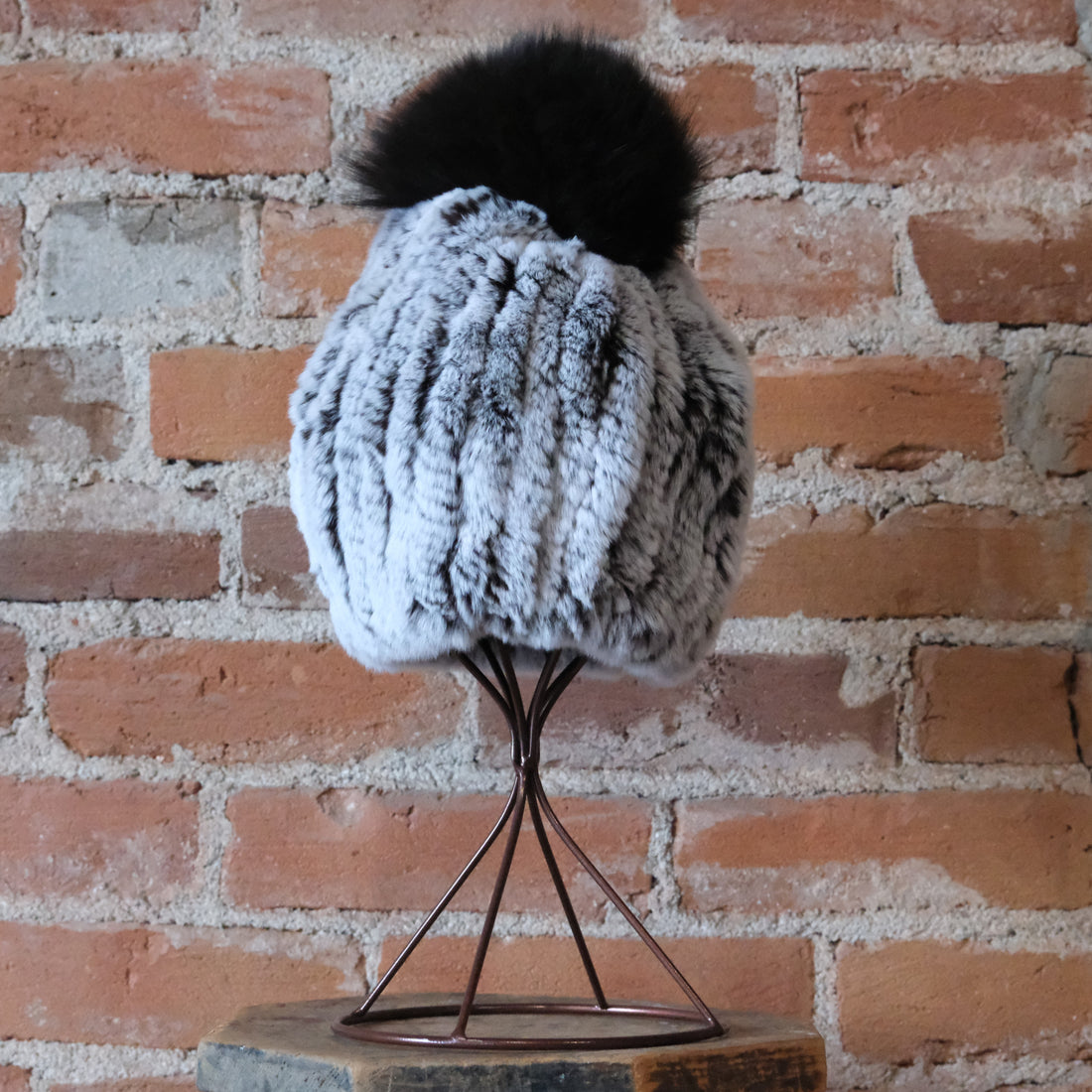 Morris Kaye knitted rabbit fur hat with pom detail