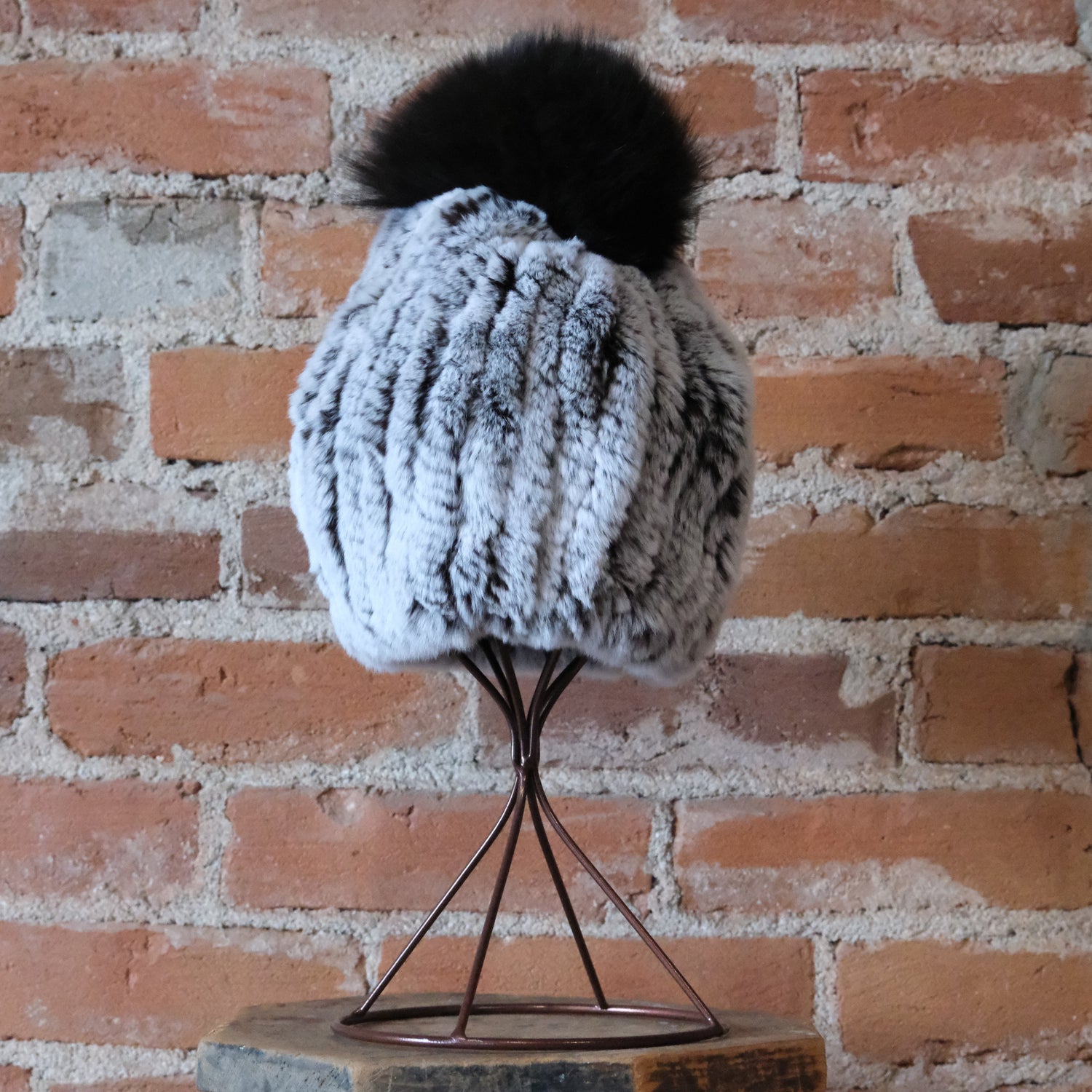 Morris Kaye knitted rabbit fur hat with pom detail