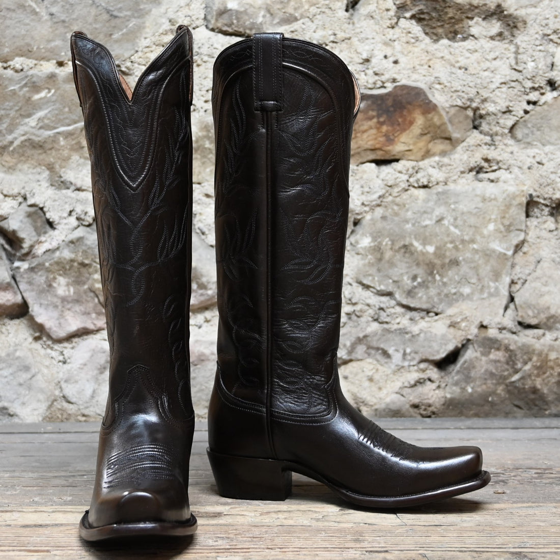 View of Hyer ABBYVILLE 16" boots in Brown Top with Brown Vamp featuring Wisteria stitch pattern and leather pull straps
