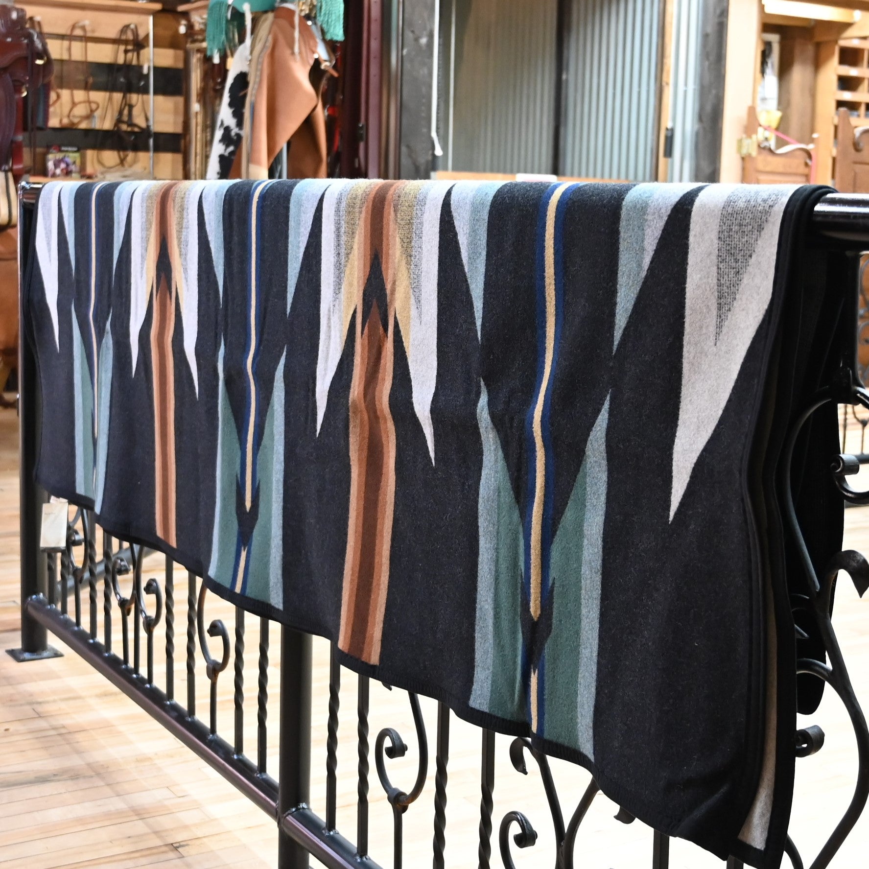 View of Pendleton Wyeth Trail Queen blanket in Oxford with geometric jacquard design