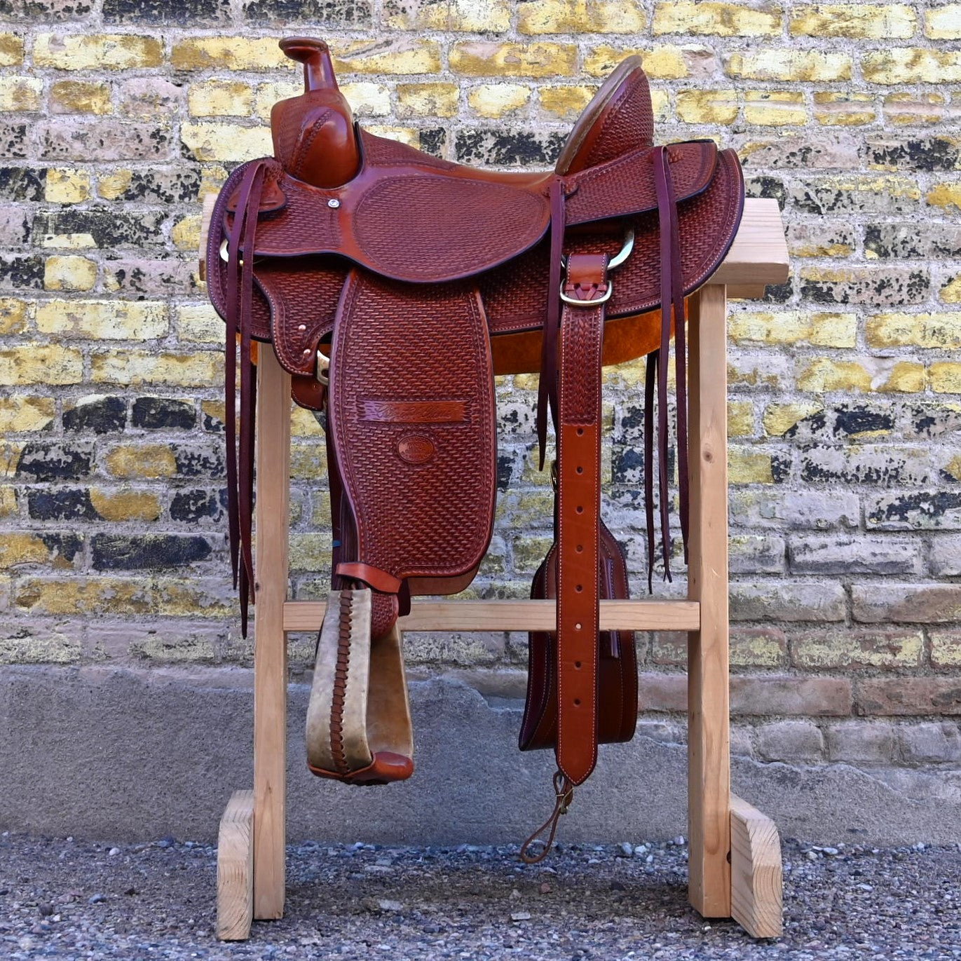 View of Billy Cook 15½&quot; High Country Rancher Saddle in Chestnut with hand-stamped basket tooling