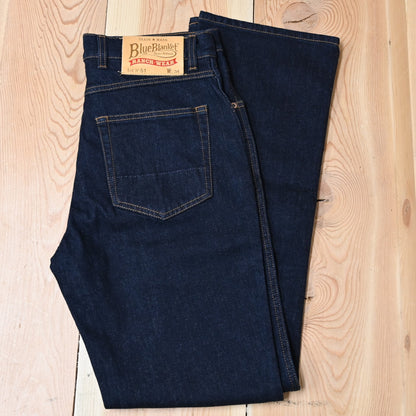 View of Blue Blanket men’s dark indigo denim jeans with straight-leg fit and leather patch