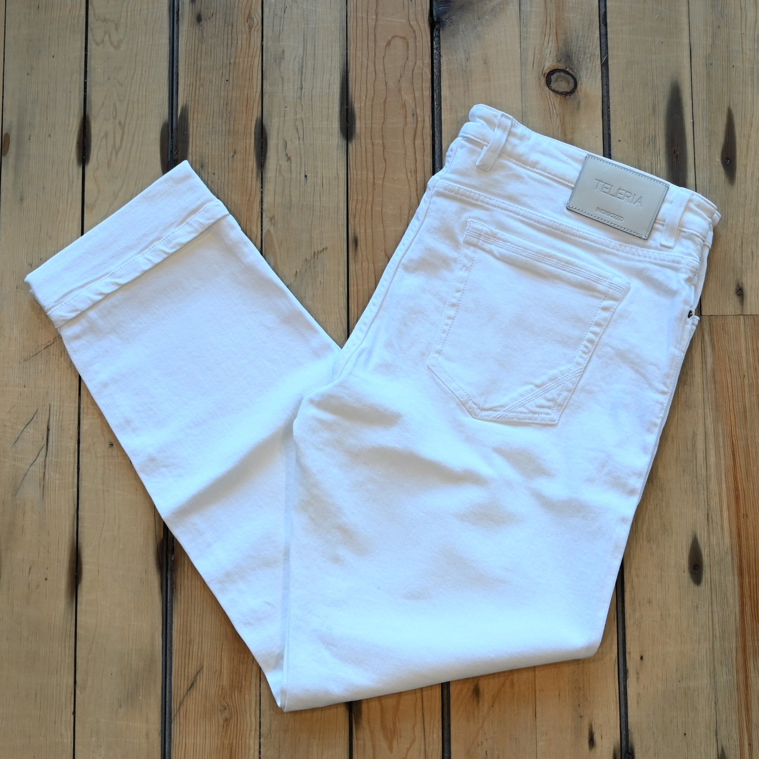 Teleria Zed 5 Pocket Jean in Blanco soft Italian white denim with modern five-pocket design