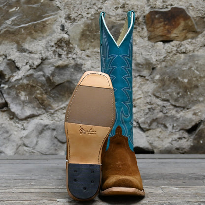 View of Macie Bean 15″ boot with turquoise top and camel suede vamp, cutter toe and City Girl heel