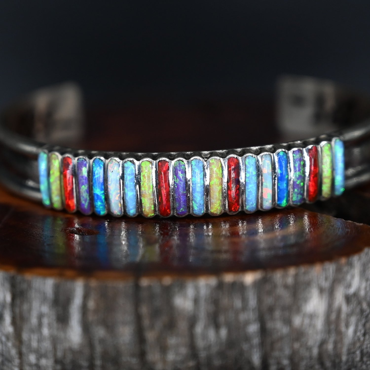 View of Sunwest Silver Zuni Stone Cuff featuring a vibrant Zuni stones set in sterling silver