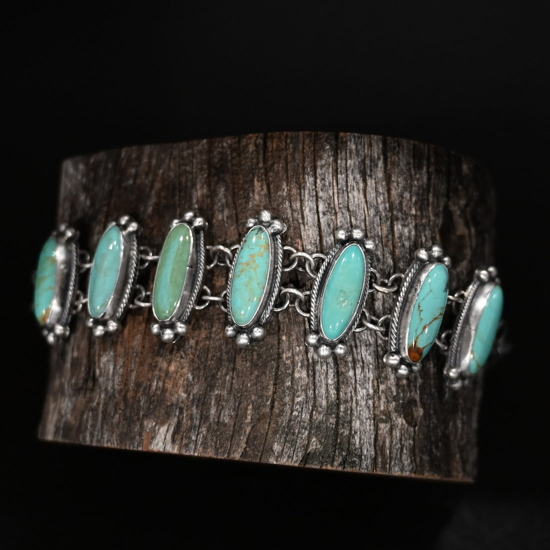 View of Sunwest Silver Natural Turquoise Stacked Bracelet featuring multiple layers of natural turquoise stones set in sterling silver