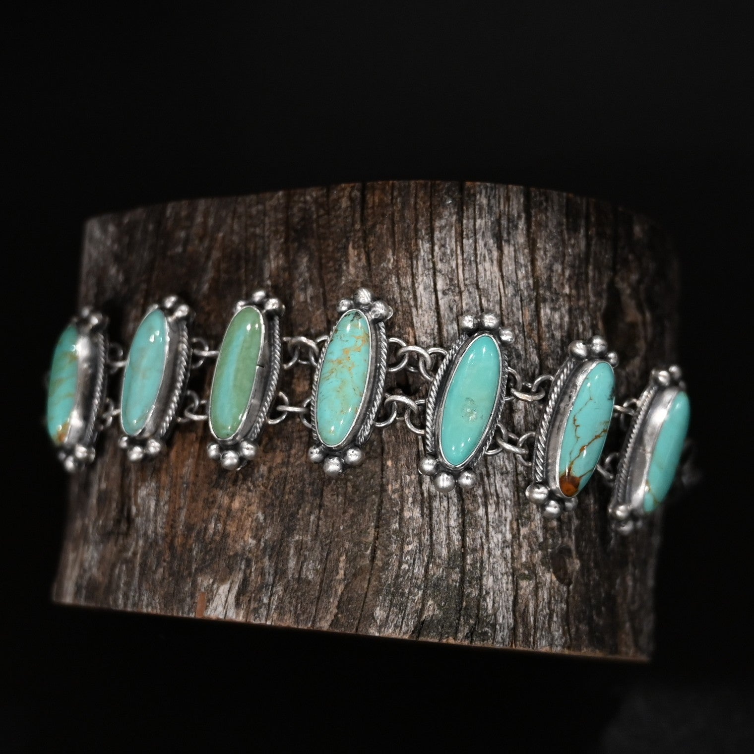 View of Sunwest Silver Natural Turquoise Stacked Bracelet featuring multiple layers of natural turquoise stones set in sterling silver