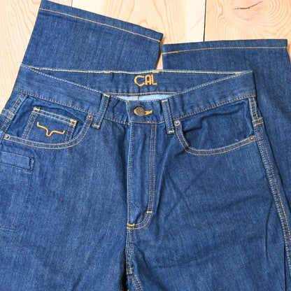 View of Kimes Ranch Cal Jeans in Blue, featuring a higher rise and straight boot leg