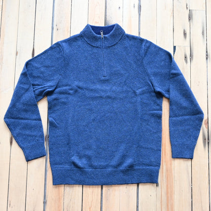 View of Pendleton men’s Shetland wool ¼ zip sweater in Dark Blue Heather with mock neck