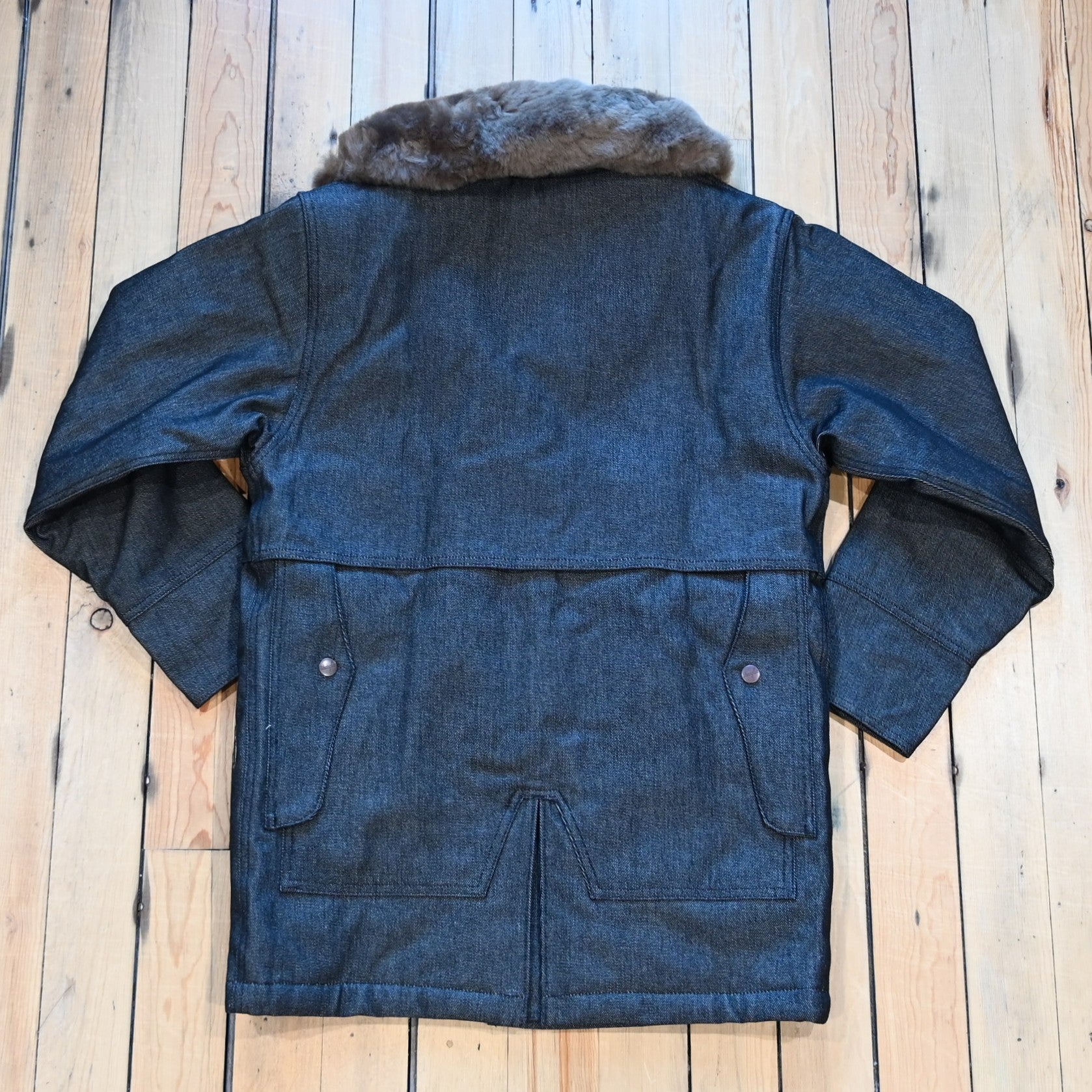 Filson × Wrangler Packer Jacket in black denim, wool-lined with shearling collar