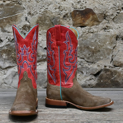 View of Macie Bean 12″ “Cowpunchin Karlee” boot with red shaft, sand suede vamp, and cutter toe