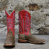 View of Macie Bean 12″ “Cowpunchin Karlee” boot with red shaft, sand suede vamp, and cutter toe