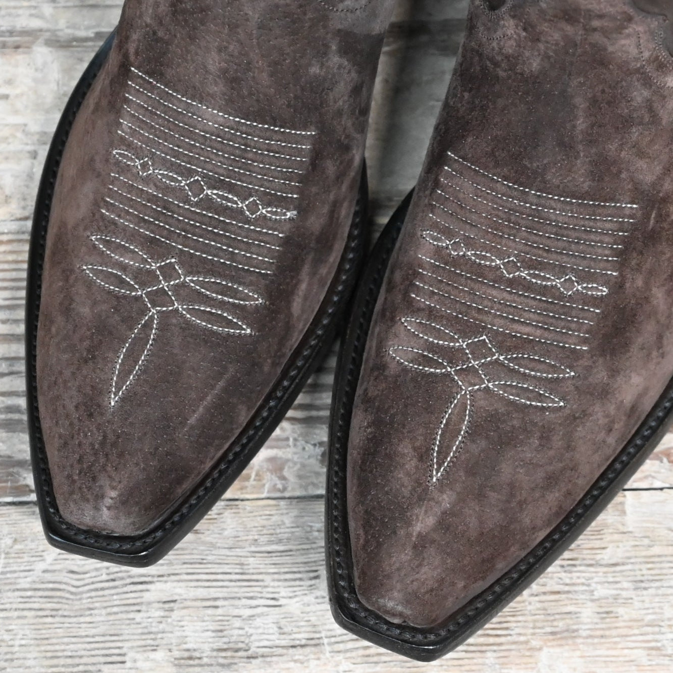 View of Stallion Men’s 13&quot; chocolate boot with nubuck suede vamp, calf shaft, and light Western stitching