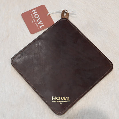 Howl Intentional Goods PanHandler trivet in chestnut leather with Pendleton wool inlay