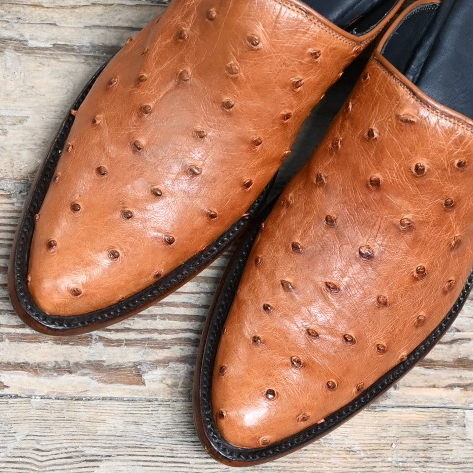 Stallion Ladies Mule Slider – Cognac Full Quill Ostrich with Round Toe &amp; 2&quot; Heel