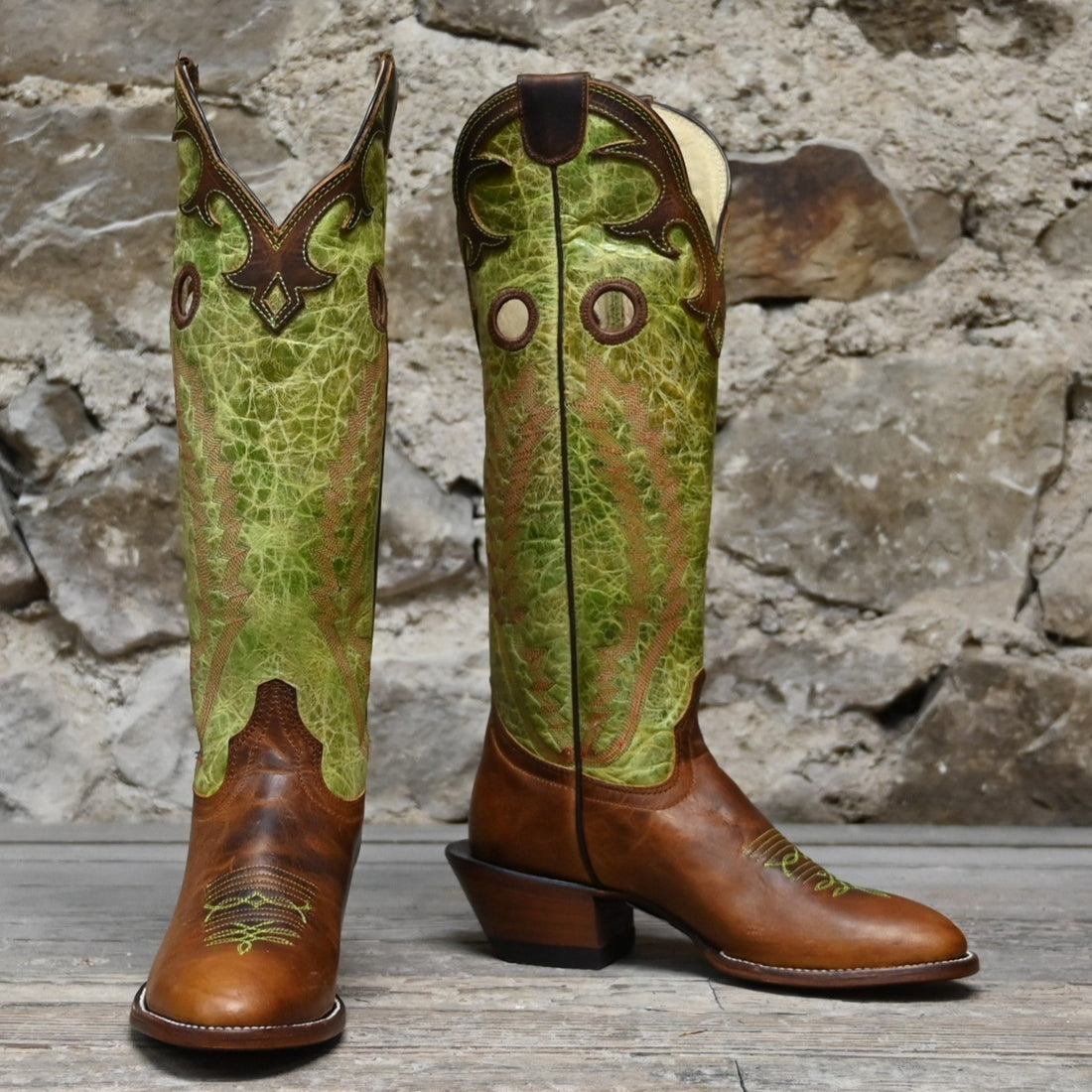 View of Hondo 16&quot; cowboy boot with lime crater top, tan waxy vamp, pull holes, and spur ledge