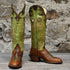 View of Hondo 16" cowboy boot with lime crater top, tan waxy vamp, pull holes, and spur ledge