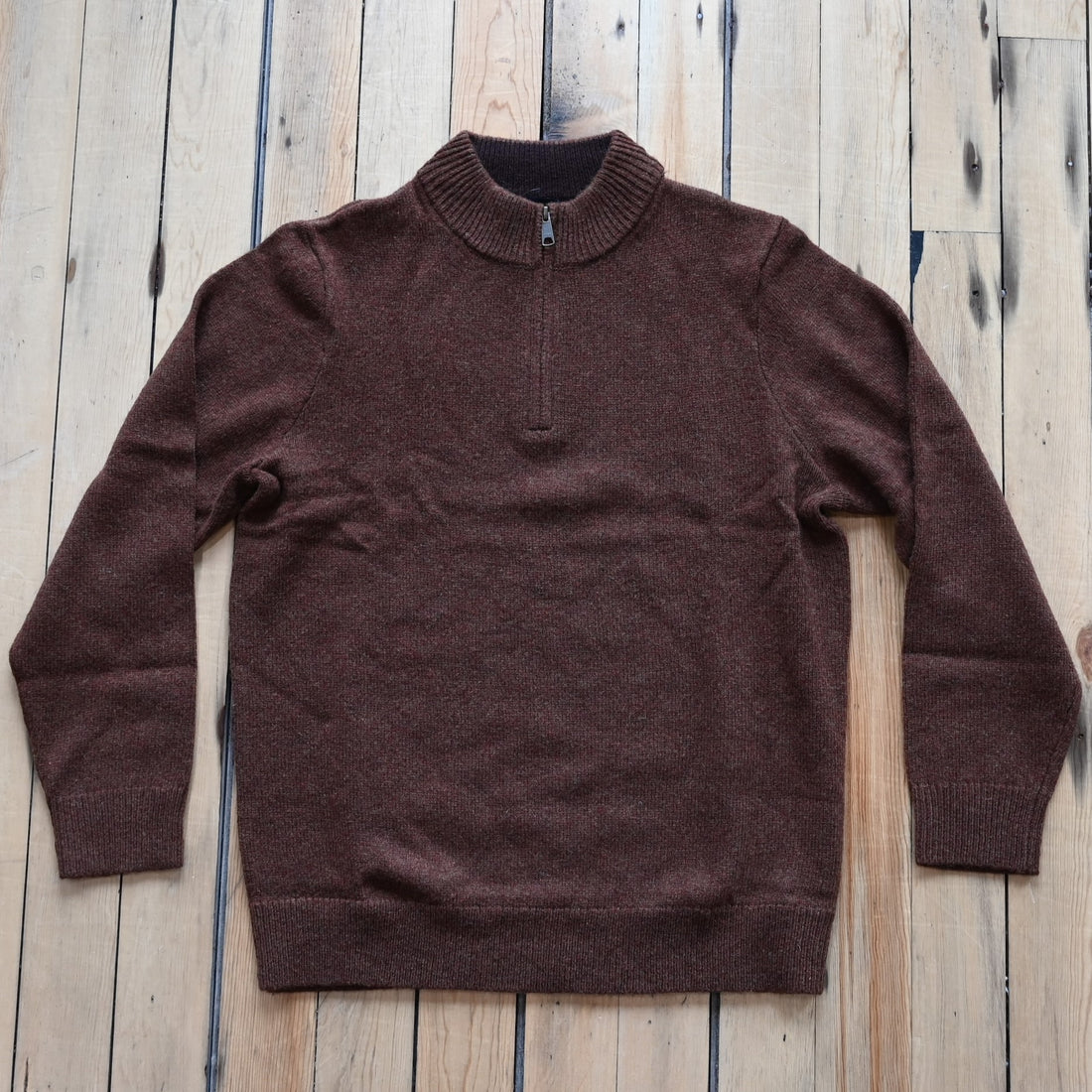 View of Pendleton men’s Shetland wool ¼ zip sweater in Spiced Heather with mock neck and ribbed trim