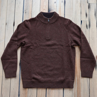 View of Pendleton men’s Shetland wool ¼ zip sweater in Spiced Heather with mock neck and ribbed trim