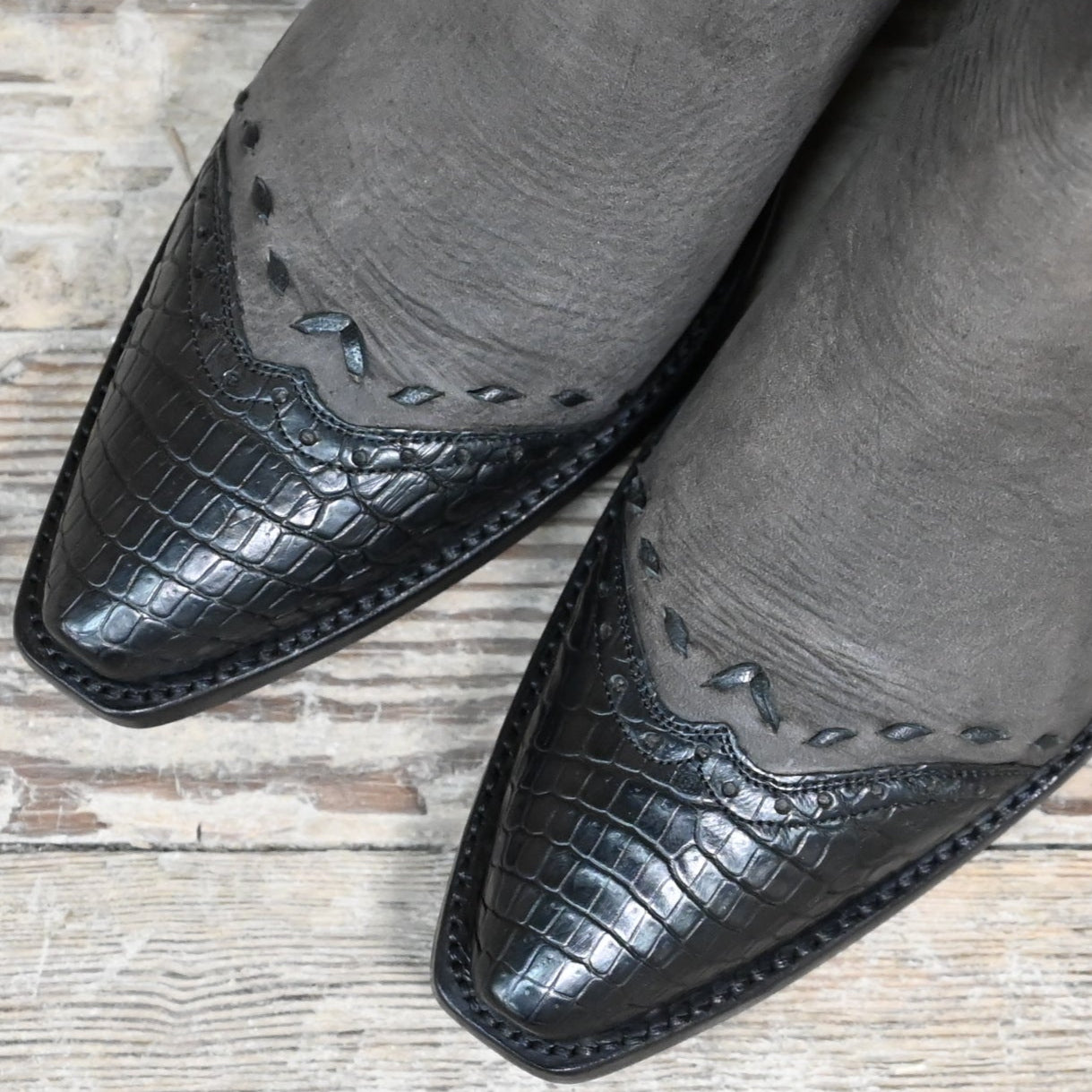 View of Stallion Ladies Zorro zip boot in espresso calf with black alligator wingtip and snip toe