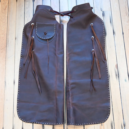 View of K Bar J Batwing Chap in size Large with rivets and a pocket