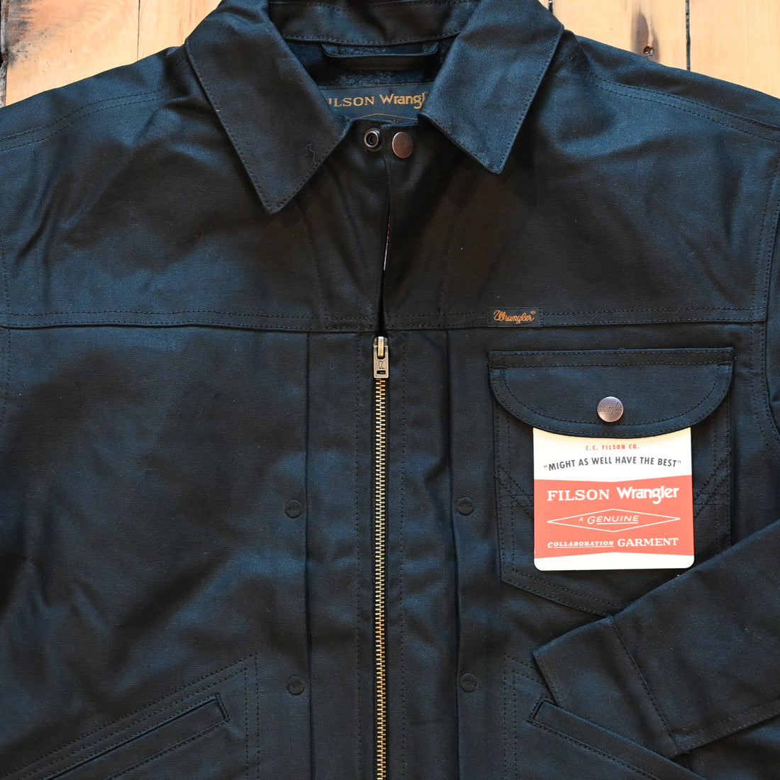 Filson × Wrangler Archival Adventure Jacket in black, waxed canvas outer with wool lining