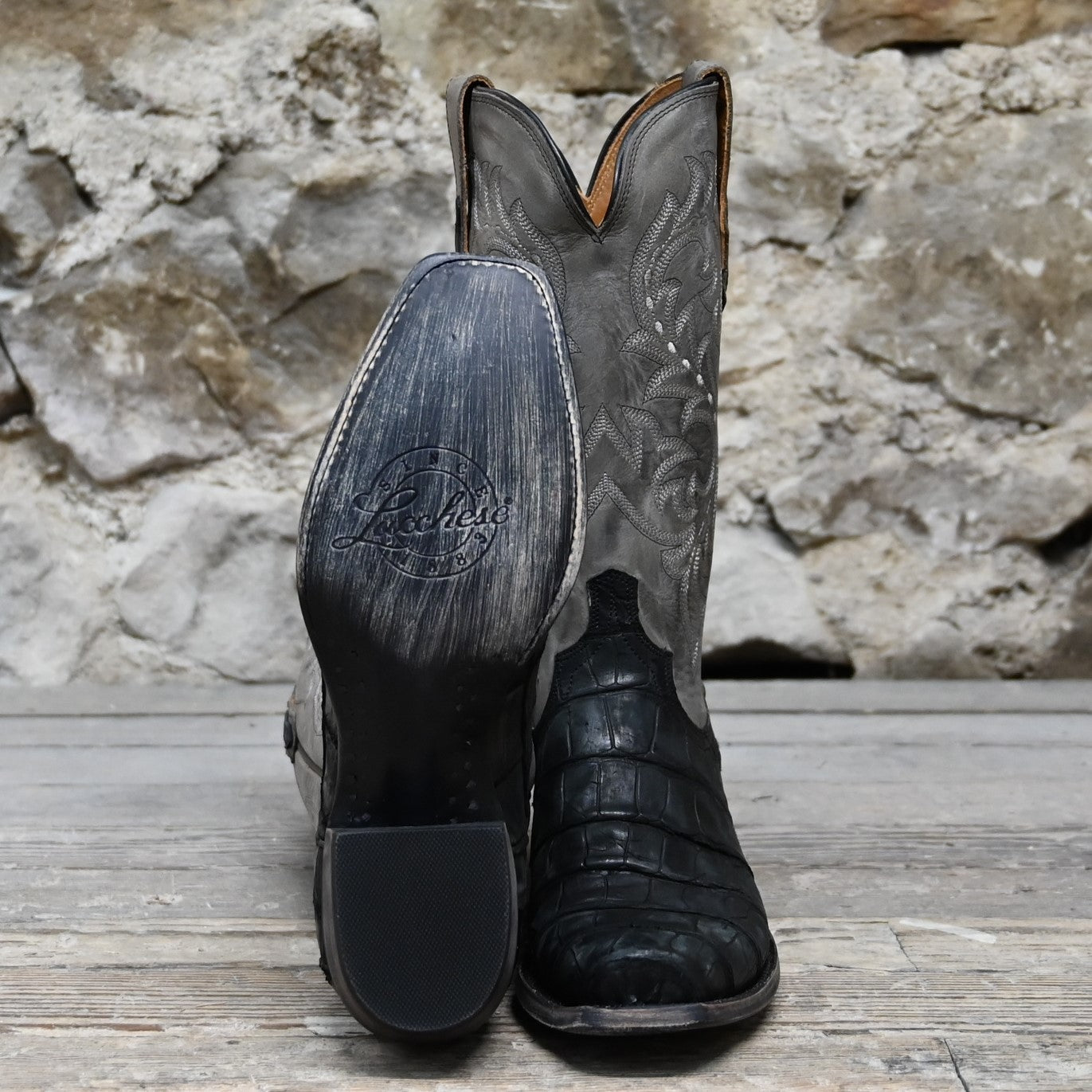 Lucchese men’s 13-inch boot in black giant American alligator leather with distressed finish and square toe