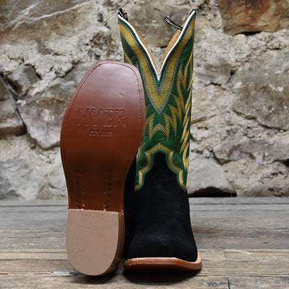View of Hyer CULVER 13&quot; boots showcasing black napped roughout leather vamp and grass vintage goat upper with Cutter toe and underslung heel