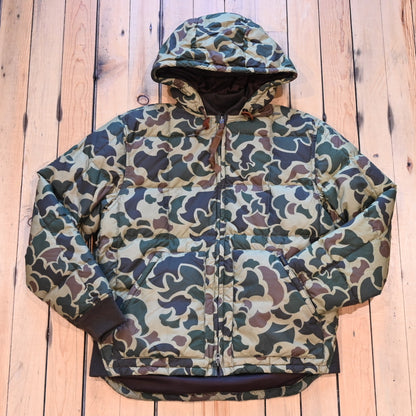 Filson Waxed Down Jacket in Tundra Shrub Camo with hood, waxed shell, and insulated down fill