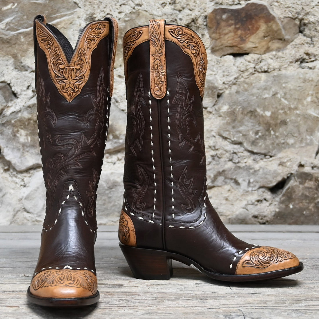 View of Stallion Ladies 14" chocolate cowhide boot with floral tooled top and bone buckstitching