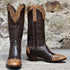 View of Stallion Ladies 14" chocolate cowhide boot with floral tooled top and bone buckstitching