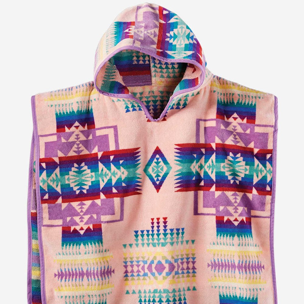 View of Pendleton pink child-sized hooded towel with Chief Joseph jacquard pattern and absorbent terry lining