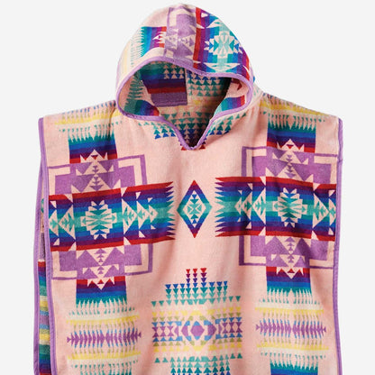 View of Pendleton pink child-sized hooded towel with Chief Joseph jacquard pattern and absorbent terry lining