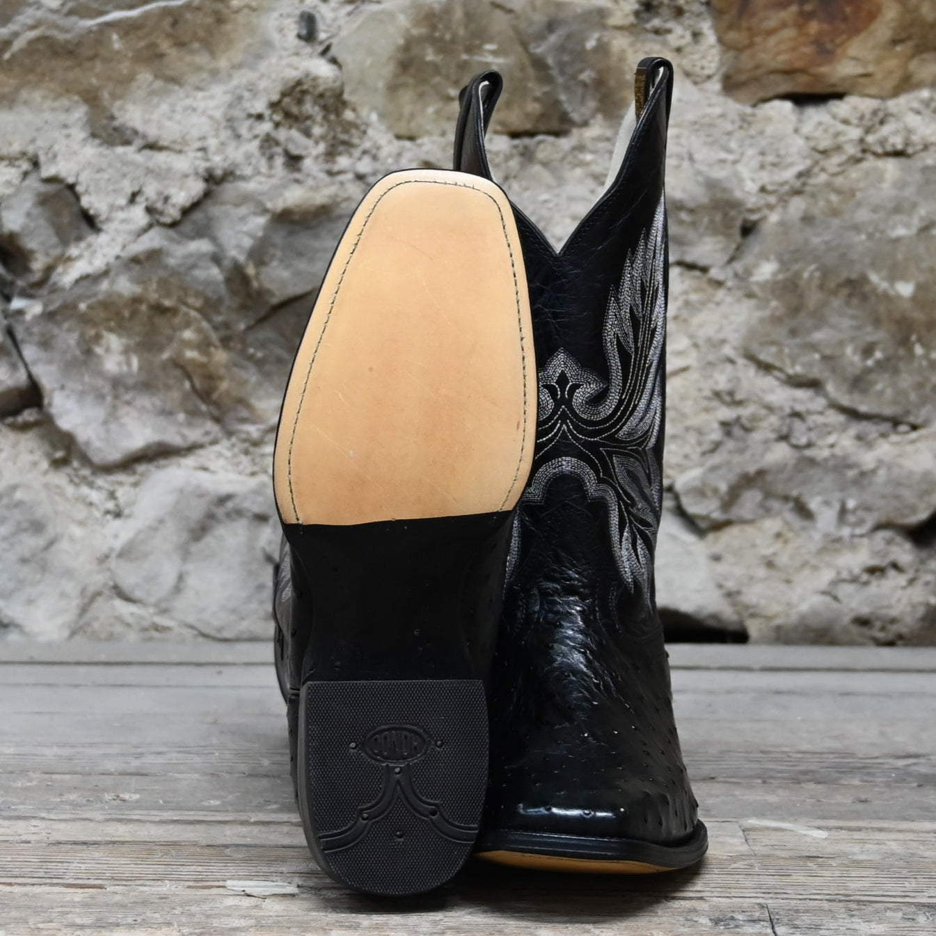 View of Hondo full quill black ostrich boot with black volcano top, 13&quot; height, and pull straps