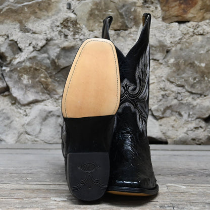 View of Hondo full quill black ostrich boot with black volcano top, 13&quot; height, and pull straps