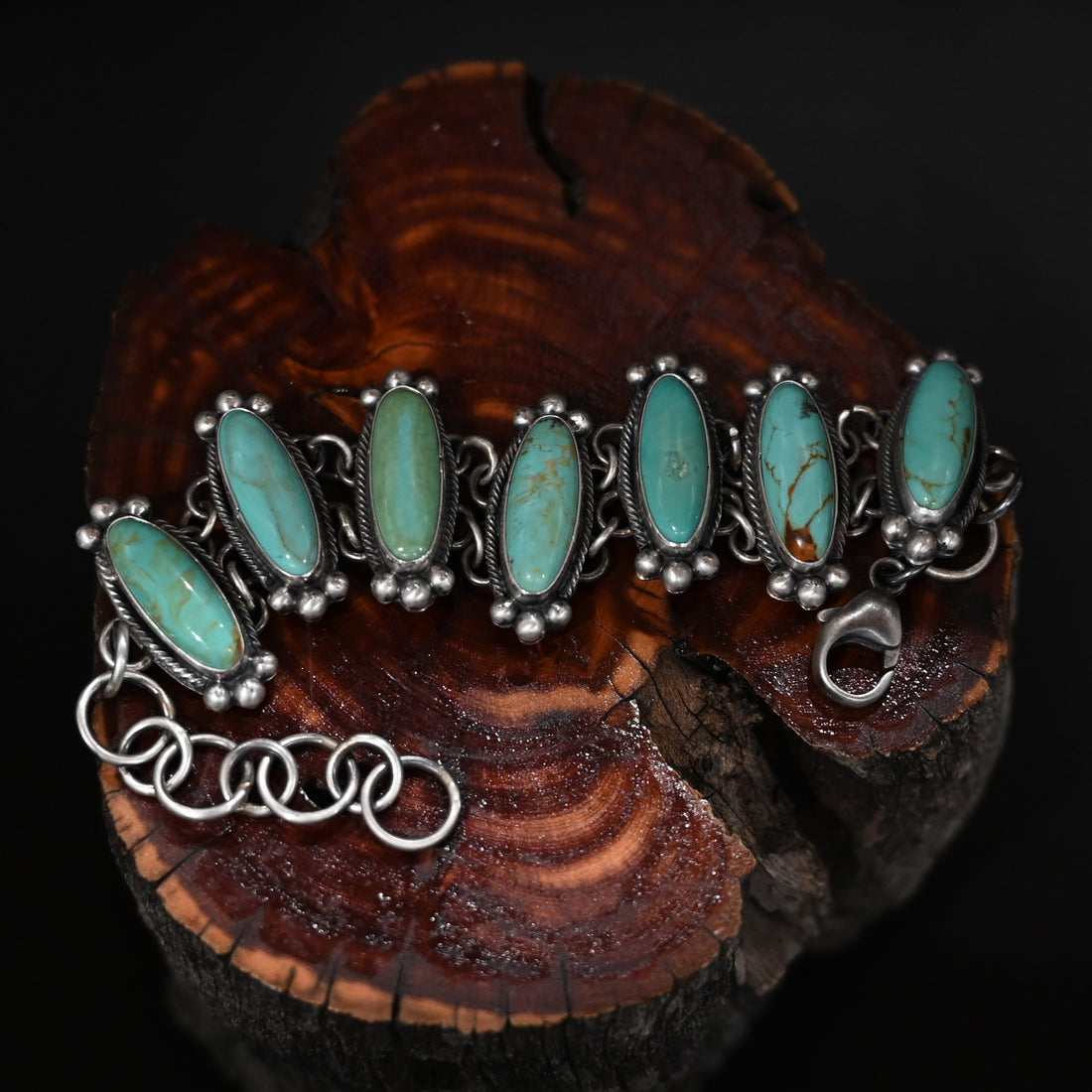 View of Sunwest Silver Natural Turquoise Stacked Bracelet featuring multiple layers of natural turquoise stones set in sterling silver