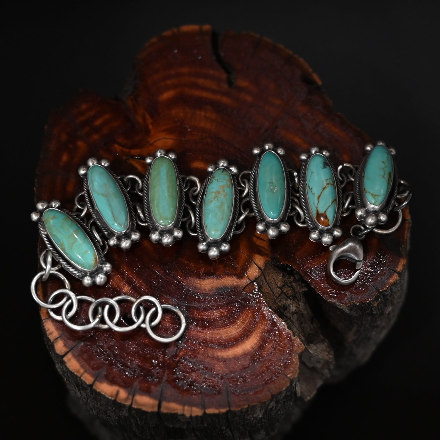 View of Sunwest Silver Natural Turquoise Stacked Bracelet featuring multiple layers of natural turquoise stones set in sterling silver