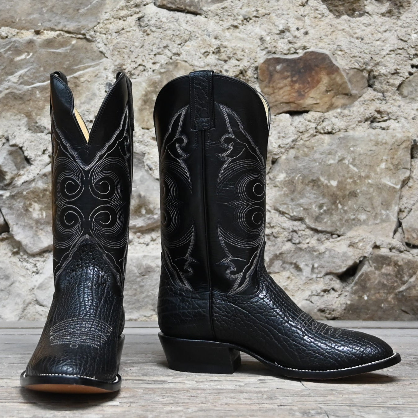 View of Hondo 13&quot; all-black cowboy boot with bullhide vamp, medium round toe, and pull straps