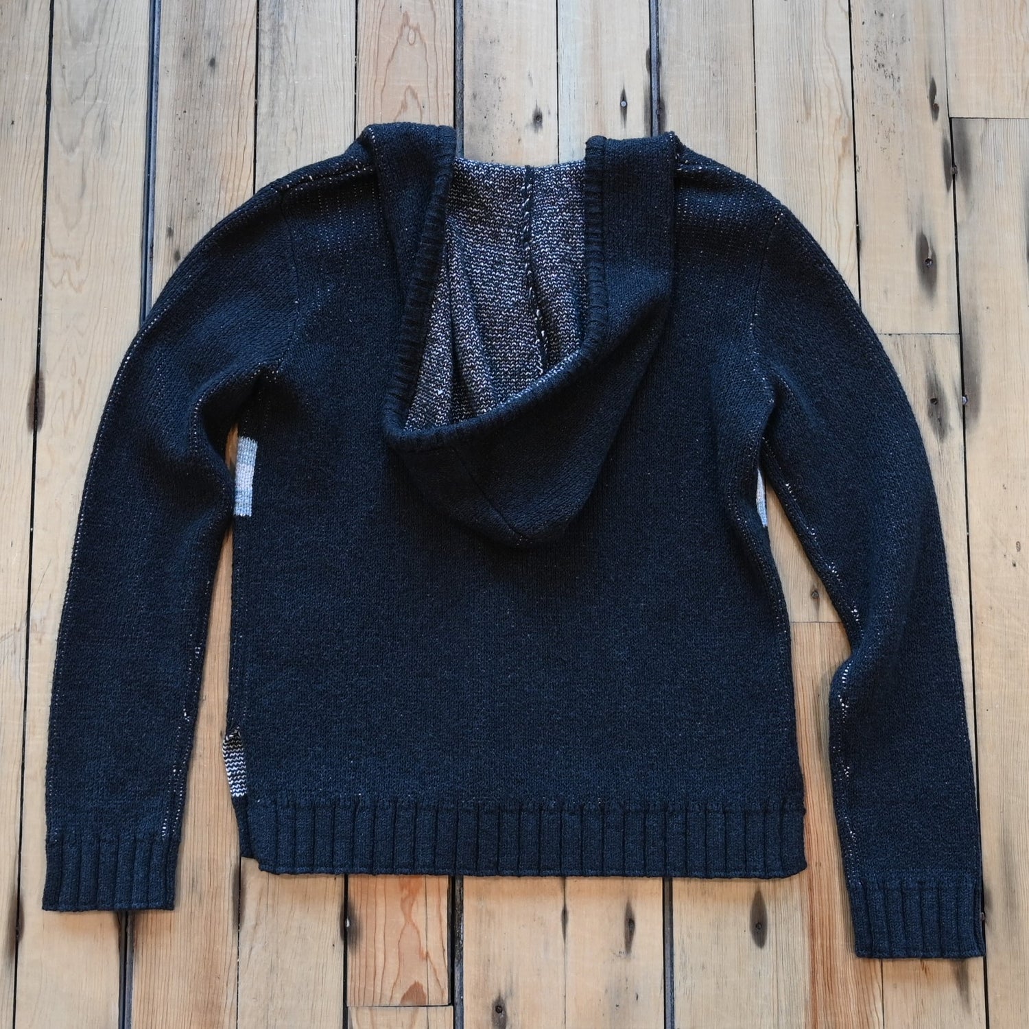 View of Pendleton ladies Harding cotton hoodie in Black Heather Multi with bold front pattern